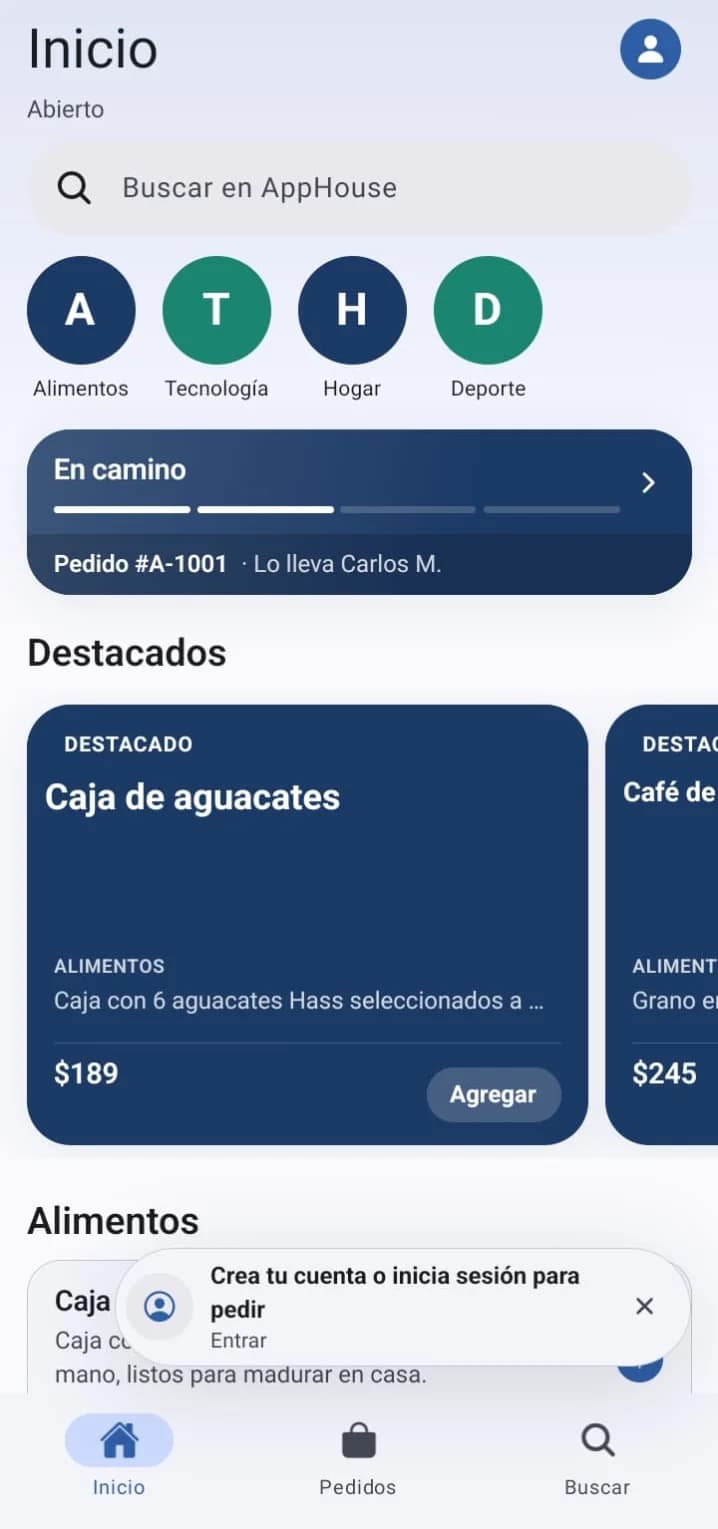 La app de tu marca: inicio con buscador, categorías y pedido en camino