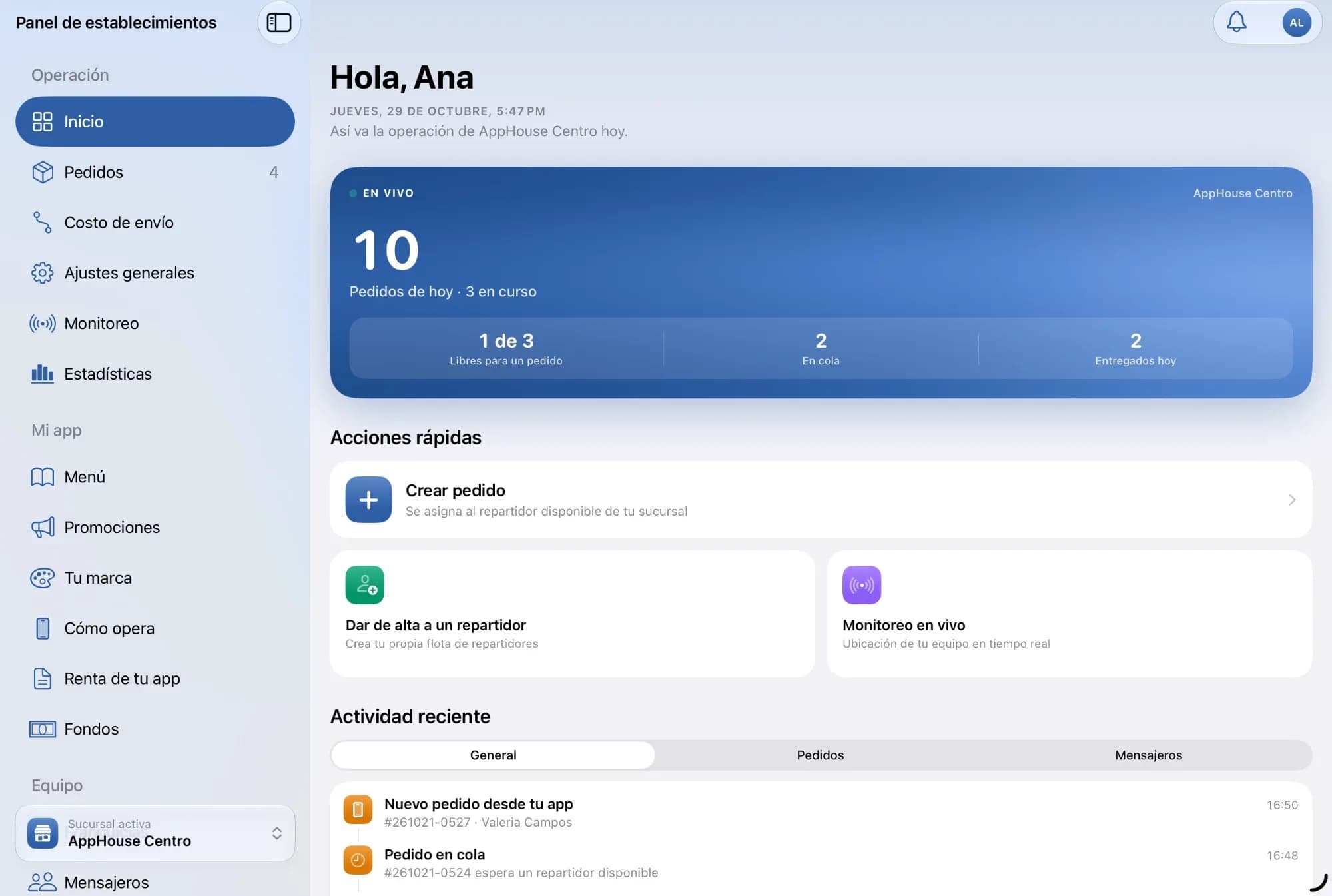 El panel de AppHouse en un iPad: pedidos de hoy en vivo y acciones rápidas